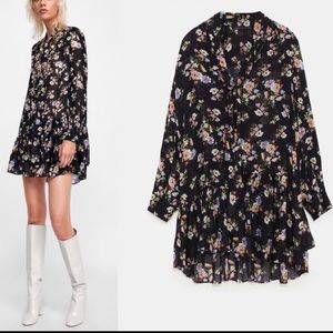 Zara Floral Print Ruffle Flowy Mini Tie Dress